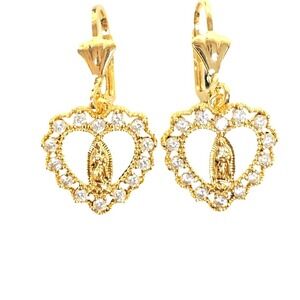 Laminated Gold Tone Virgin Mary Miraculous Heart ‎ Earrings Religious